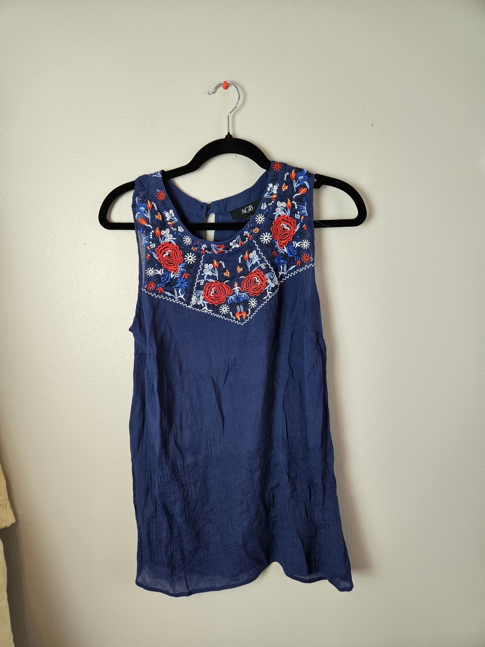 AGB Navy Sleeveless Camisole with Red Floral Embroidery